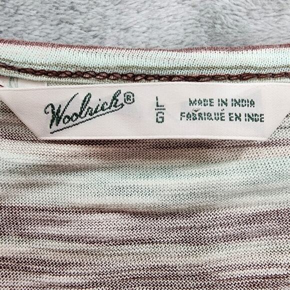 Woolrich Top Womens L Brown Blue Striped Scoop Neck Short Sleeve Kangaroo Pocket - Picture 3 of 8